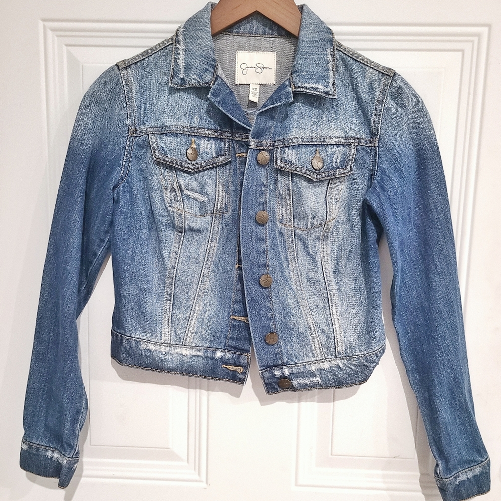Jessica Simpson Distressed Cropped Jean Jacket